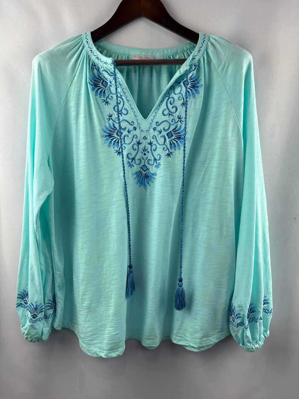 Women’s Bellisima Kim Gravel Large Aqua Embroidered Blouse